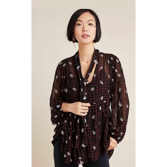 Anthropologie Elysia Embroidered Tie Blouse New S - Picture 4 of 12